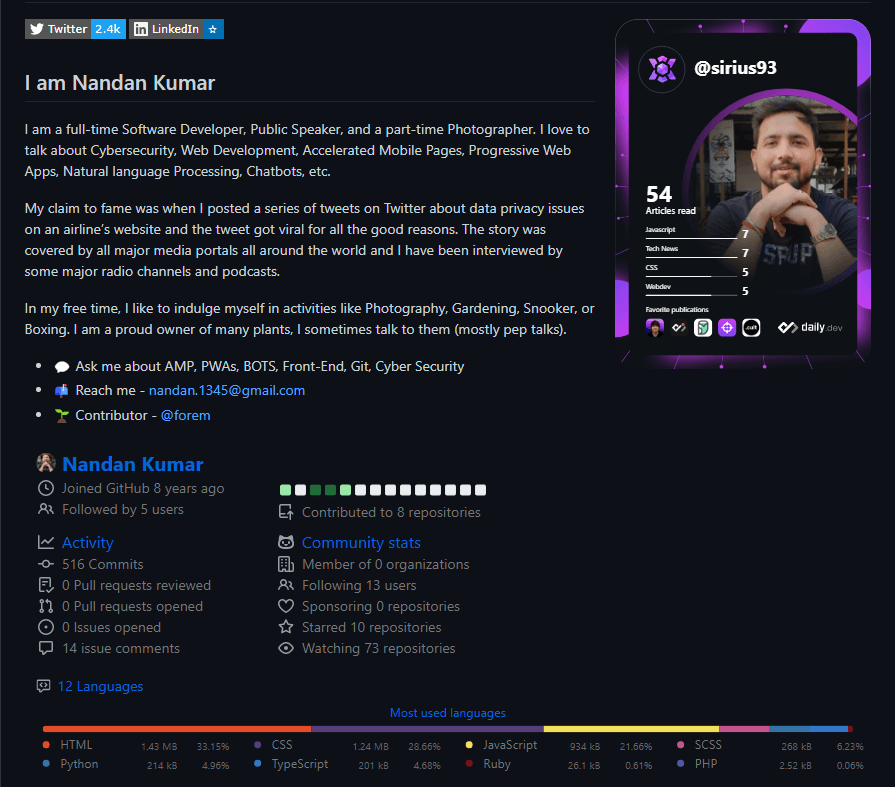 How to make a kickass bio for your GitHub profile using DailyDev's Devcard and metrics.